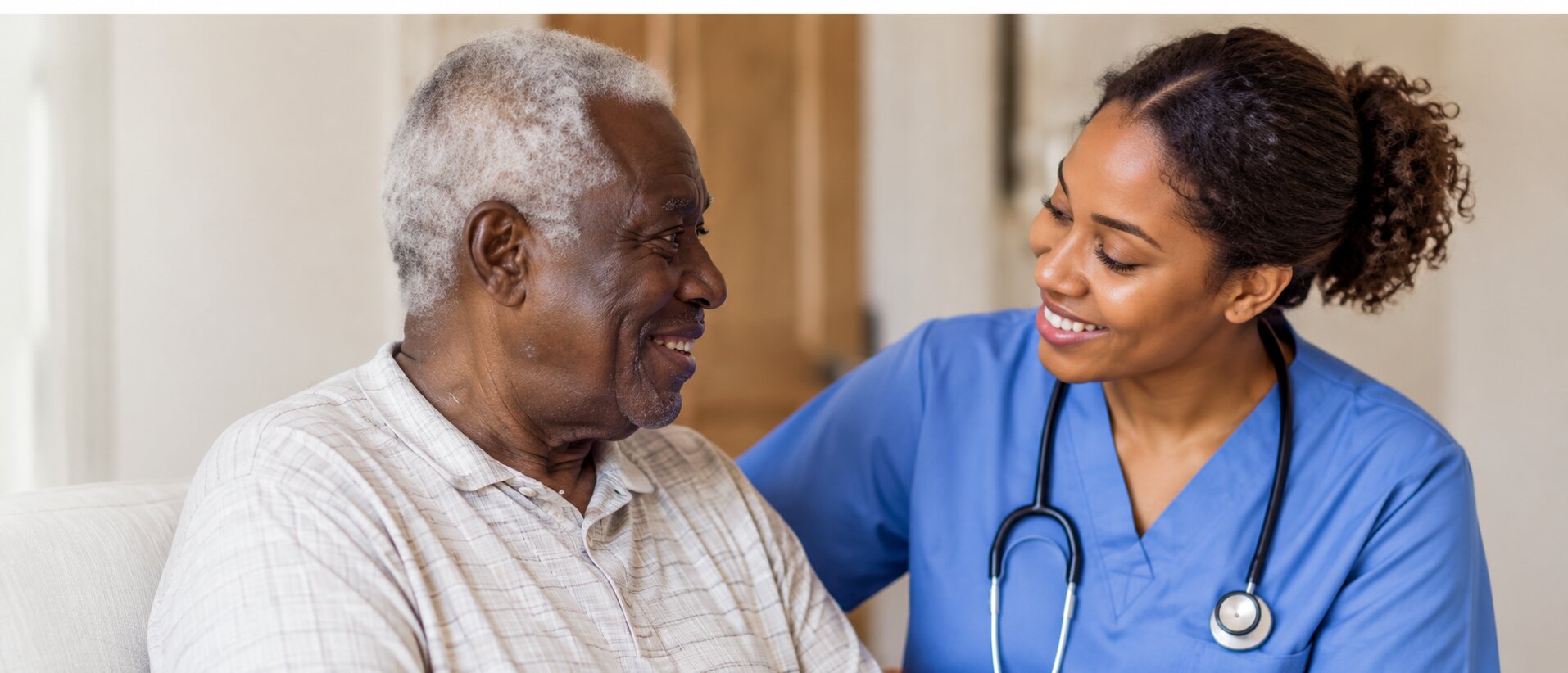 A different nurse supporting a senior patient in a comfortable home setting