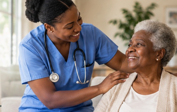 A nurse providing compassionate nursing care to a senior at home